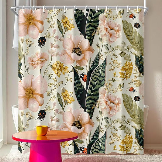 Floral Shower Curtain 72x72 Inch Botanical Flower and Ladybug Print Bathroom Curtain Vintage Garden Style for Cottagecore Decor