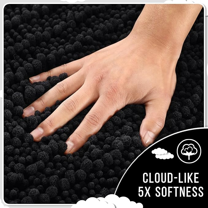 Yimobra Bathroom Rugs Non Slip Washable - Ultra Soft Absorbent Chenille Bath Mat, Quick Dry Shaggy Floor Carpet for Tub Shower, Black Home Decor Accessories, 24x17 Inch