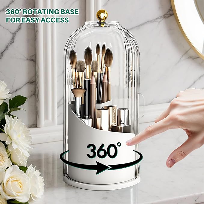 Makeup Brush Holder with Lid Cosmetic Tools Organizer 360 Rotating Waterproof Dustproof Make Up Brushes Storage for Vanity Bathroom Countertop