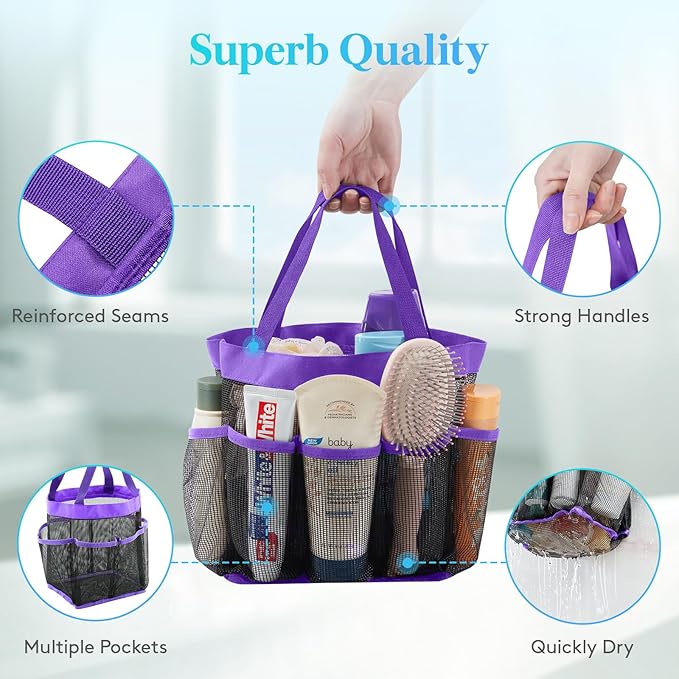 Lifewit Mesh Shower Caddy Portable for College Dorm Room Essentials with 7 Pockets, Freestanding Hanging Organizer Basket, Quick Dry Tote Bag for Camping, Bathroom, Beach, Travel, 1 Pack, Purple