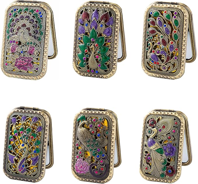TANG SONG 6PCS Vintage Peacock Pattern Cosmetic Makeup Pocket Purse Magnification Jewel Mirror (6 Different Patterns)