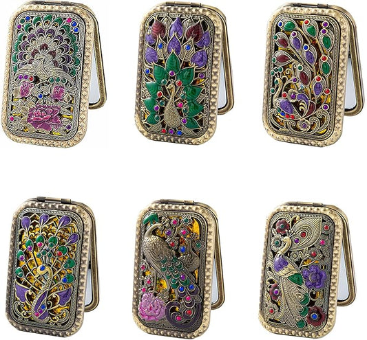 TANG SONG 6PCS Vintage Peacock Pattern Cosmetic Makeup Pocket Purse Magnification Jewel Mirror (6 Different Patterns)