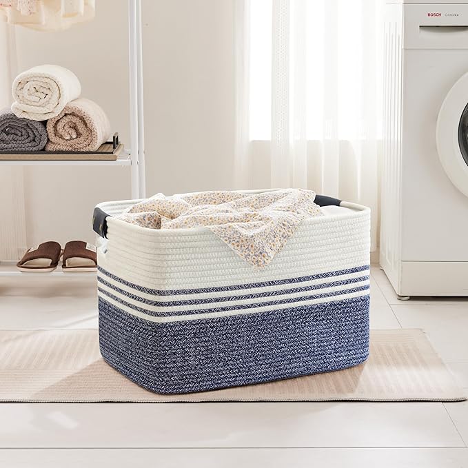 100L Extra Large Laundry Basket with Leather Handles for Living Room Storage,Woven Rope Baskets for Blanket,Kids Toy,Gifts,Wicker Hamper for Bedroom Dirty Clothes,24"x16"x16" Denim Blue