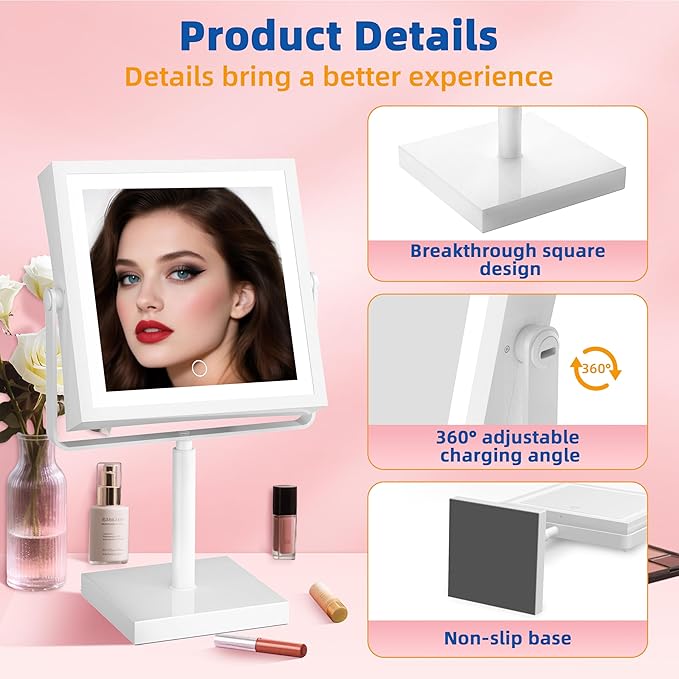 Ruacq Makeup Mirror with Lights, 4000mAh Rechargeable Magnifying Mirror with Light, 1X/10X, Height Adjustable Bathroom Vanity Mirror, 3 Colors, Adjustable Brightness (White)