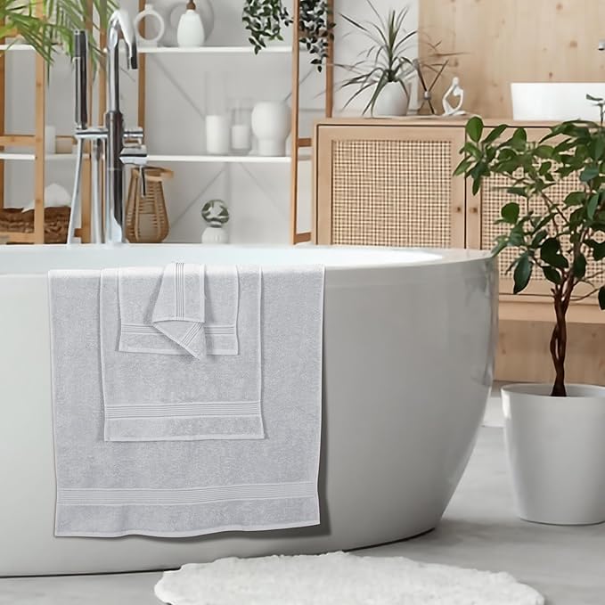 Elvana Home Ultra Soft 6 Pack Cotton Towel Set, Contains 2 Bath Towels 28x55 inch, 2 Hand Towels 16x24 inch & 2 Wash Coths 12x12 inch, Ideal for Everyday use, Compact & Lightweight - Light Grey