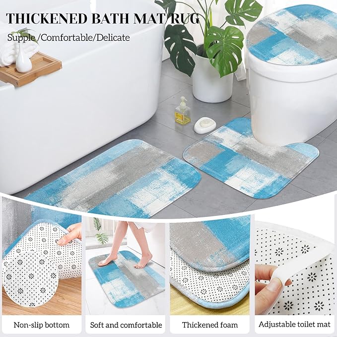 Lnond Blue Bathroom Set, 23-Piece Blue Grey Abstract Bathroom Decor Set with with Shower Curtain and Rugs, Trash Can, Toilet Brush Holder Set & Soap Dispenser