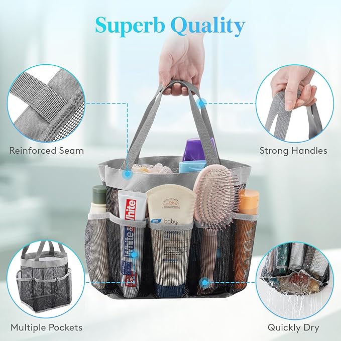 Lifewit Mesh Shower Caddy Portable for College Dorm Room Essentials with 7 Pockets, Freestanding Hanging Organizer Basket, Quick Dry Tote Bag for Camping, Bathroom, Beach, Travel, 1 Pack, Grey
