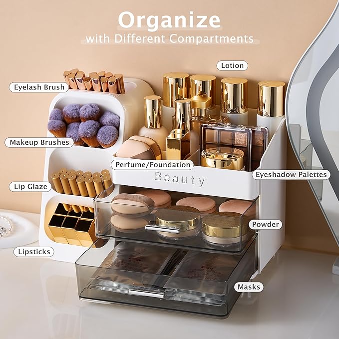 Makeup Organizer for Vanity with Brush Holder, Countertop Makeup organizer with Drawers for Skincare, Cosmetics, Perfumes, Eyeshadow Palettes, Spacious Cosmetic storage organizer