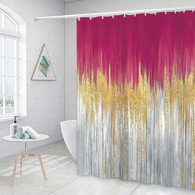 JAWO Pink Abstract Shower Curtain Set - Premium Quality Heavy Duty Pink Modern Farmhouse Vintage Shower Curtain Bohemian Bathroom Decor, Waterproof & Washable Curtains with Hooks