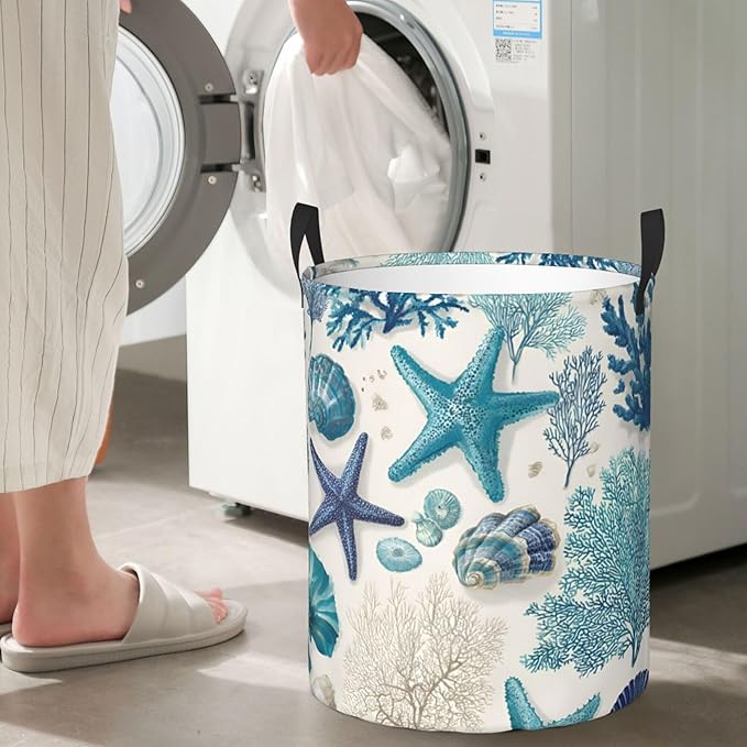 Coastal Ocean Theme with Starfish Design Laundry Hamper, White Blue, Oxford Cloth Storage Basket, Large 19.6x15.7 Inch