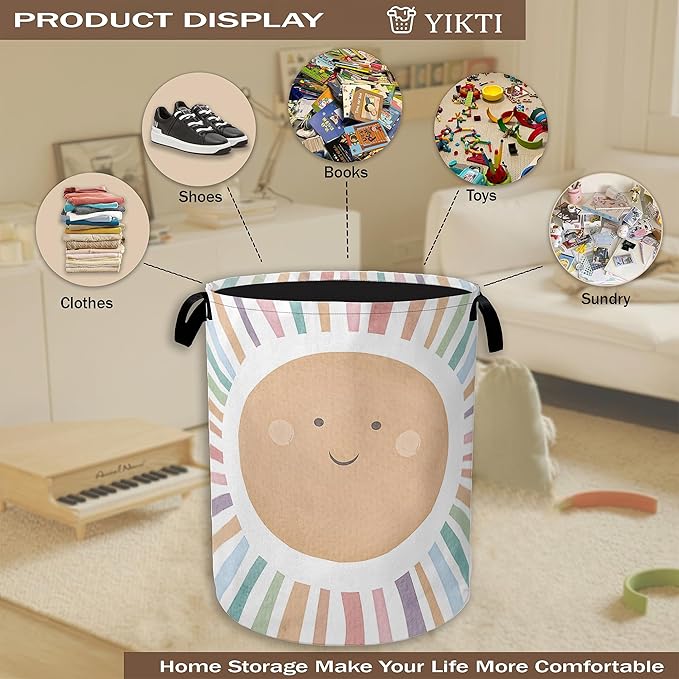 Collapsible Laundry Basket,Colorful Boho Sunshine Dirty Clothes Hamper,Cute Cartoon Sun Hampers for Bedroom Waterproof Oxford Cloth Storage Organizer for Bathroom,Nursery,Dorm,16x20 Inch