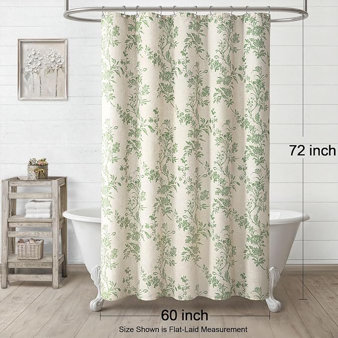 Sage Green Floral Shower Curtain,Vintage Linen Beige Cottagecore Shower Curtains for Bathroom, 60" W x 72" L
