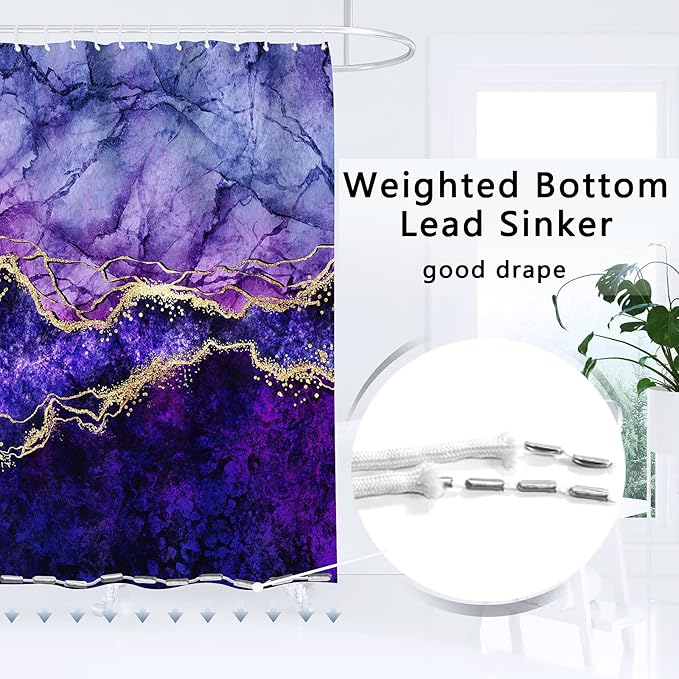 4 Piece Bathroom Set with Shower Curtain and Rugs, Gold Purple, Incl 12 Hooks, Soft Bath Mat, U-Shaped Floor Mat, Toilet Lid Oval Rug
