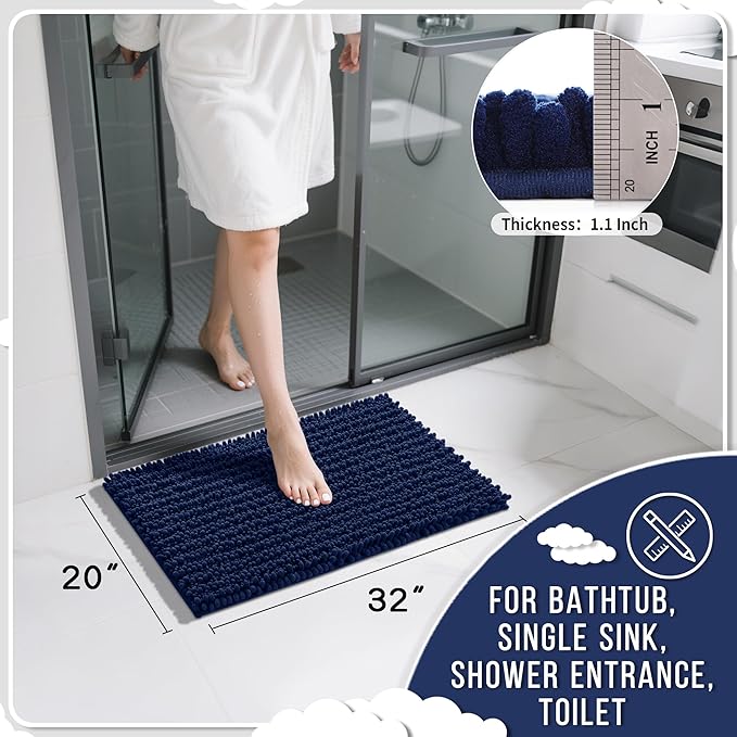 Yimobra Bathroom Rugs Non Slip Washable 32x20 Inch - Ultra Soft Absorbent Chenille Bath Mat, Quick Dry Shaggy Floor Carpet for Tub Shower, Navy Blue Home Decor Accessories