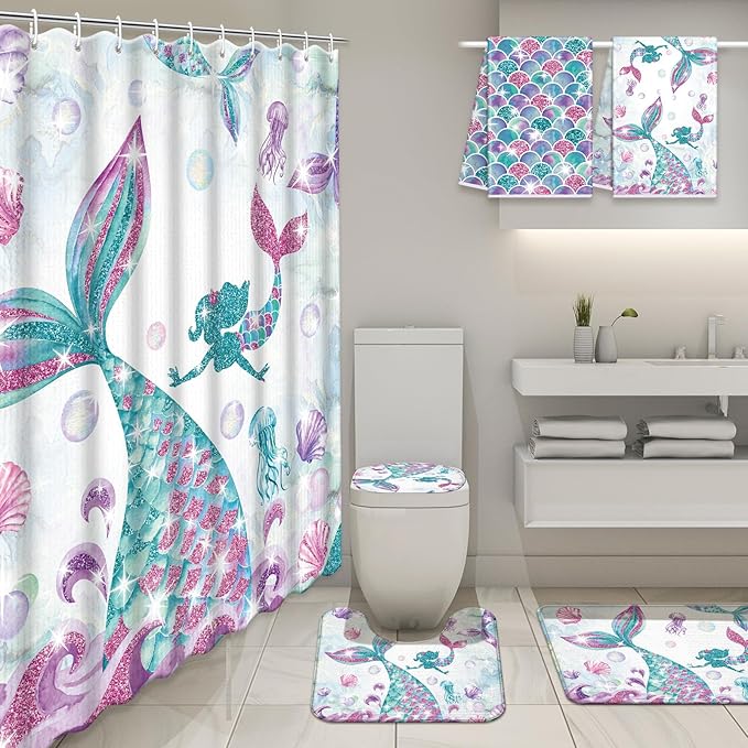 Nuanchu 6 Pcs Mermaid Shower Curtain Set with Rug Bathroom Sets with Shower Curtain Bath Mat U Shaped Mat Toilet Lid Cover 2 Bath Towels and 12 Hooks Mermaid Bathroom Decor