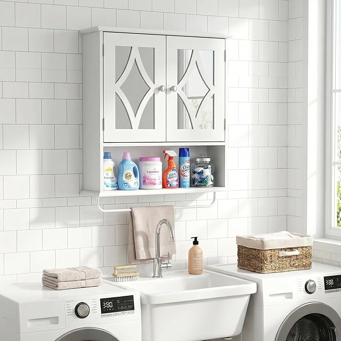 RoyalCraft Bathroom Wall Cabinet with Mirror, Over the Toilet Storage Cabinet with Towel Rack and Adjustable Shelf, Large Bathroom Medicine Cabinet Wall Mount 22x25 inch (White)