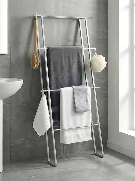 Metal Leaning Ladder Towel Rack, 4-Tier Blanket Stand for Bathroom Living Room, No Drilling Quilt Storage Organizer(Silver)