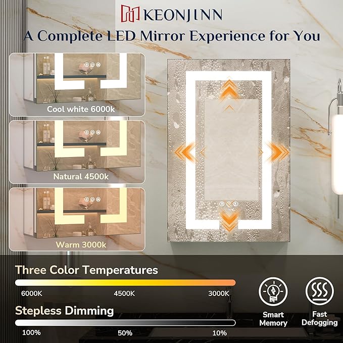 Keonjinn 30 x 32 Lighted Medicine Cabinet with Defogger and Outlets, Medicine Cabinet with Lights 3 Colors Dimmable with Adjustable Shelves Tempered Glass Surface or Recessed Mount Mirror with Storage
