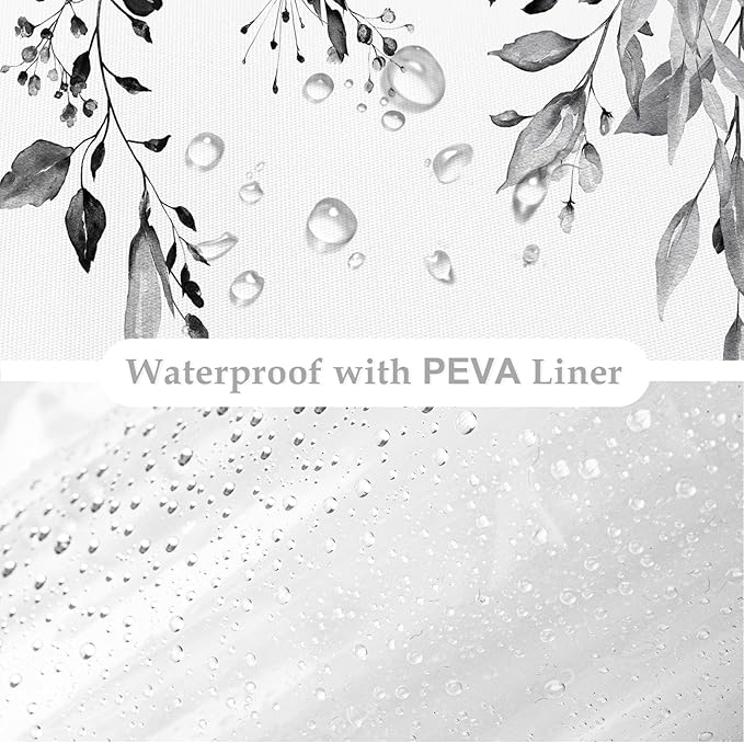 Gibelle 3 in 1 Shower Curtain Set, 72x72 Black Eucalyptus Bath Curtain and PEVA Liner Set with 12 Metal Hooks, Waterproof Fabric Bathroom Curtain