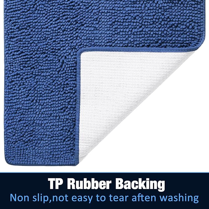 LOCHAS Luxury Bathroom Rug Shaggy Bath Mat 24 x 60 Inch, Washable Non Slip Bath Rugs for Bathroom Shower, Soft Plush Chenille Absorbent Carpets Mats, Blue