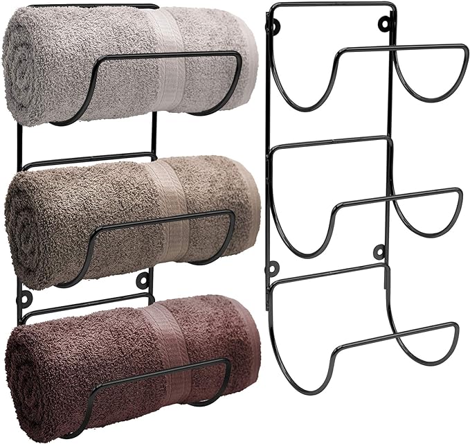 Sorbus Towel Holder for Bathroom Wall - 6 Level Wall Mounted Towel Rack Shelves for Rolled Bath Towels, Washcloths, Linens - Black Hanging Towel Racks for Bathroom, Spa, Salon, Towel Storage Organizer
