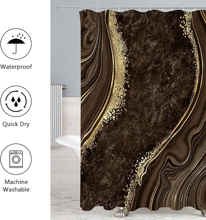 Gibelle 4 Pcs Luxury Marble Shower Curtain Set with Non-Slip Rugs, Toilet Lid Cover and Bath Mat, Gold Foil Brown Bathroom Decor Set with Shower Curtain and Rugs and Accessories