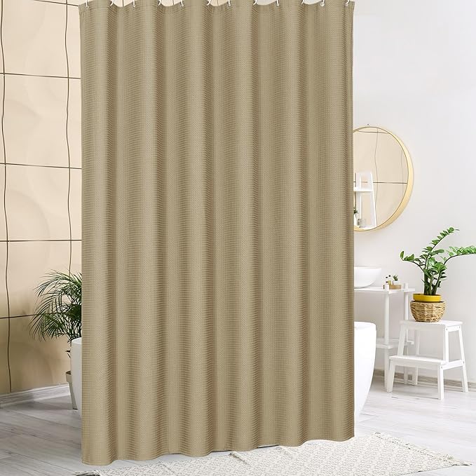 MitoVilla Beige Waffle Shower Curtain for Fall Rustic Bathroom Decor, Tan Brown Waffle Weave Fabric Shower Curtains, Taupe Vintage Luxury Weighted Bathroom Shower Curtain, 72 x 72