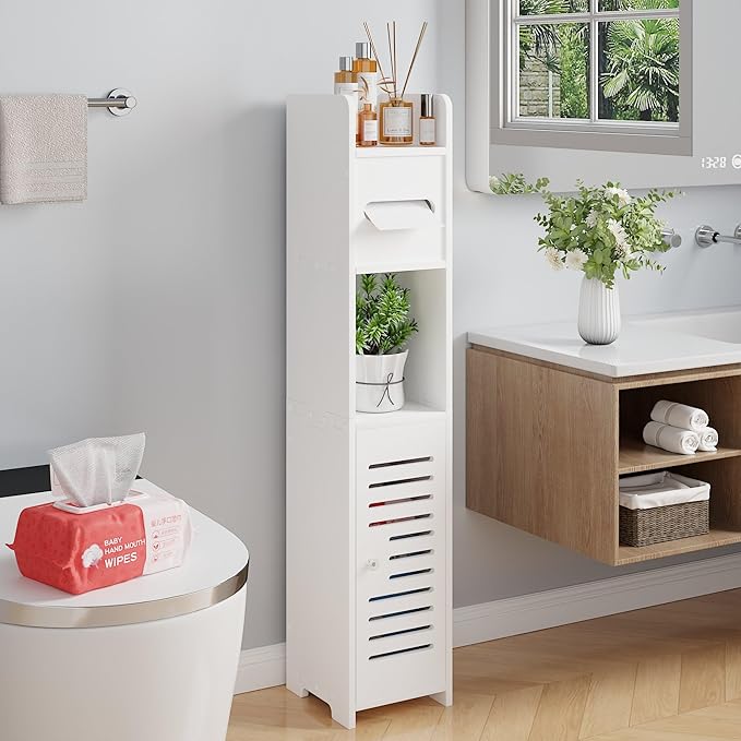 VECELO Storage Cabinet for Small Spaces,Skinny Toilet Paper Holder Stand with Anti-Drop Fence and Roller Storage, White