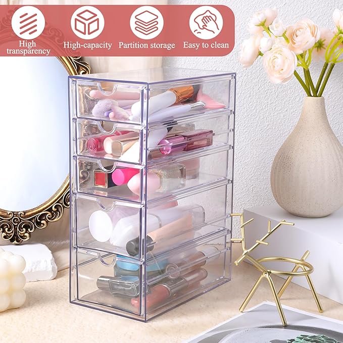 Hair Tie Organizer Clear Hair Accessories Organizer Storage Acrylic Hair-Clip Organizers Container Box with 5 Drawers for Girls
