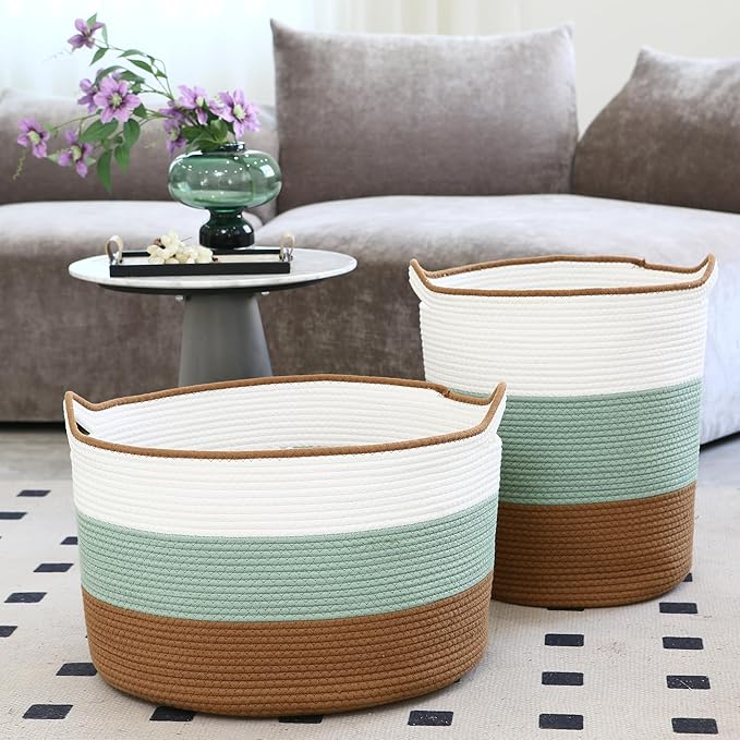 Sea Team Large Size Cotton Rope Woven Storage Basket with Handles, Laundry Hamper, Fabric Bucket, Drum, Clothes Toys Organizer for Kid's Room, 20 x 14 inches, Round Open Design, Green & Brown