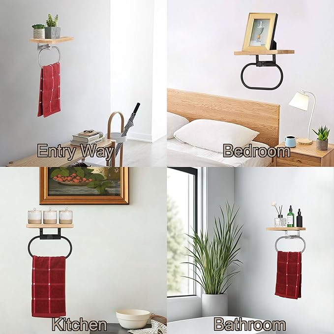 TocTen Hand Towel Holder for Bathroom Wall Mount Towel Ring with Wooden Shelf, Premium Metal Hand Towel Rack, Bathroom Accessories Rustic Hand Towel Hanger for Bathroom Kitchen RV(Brushed Nickel)