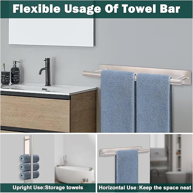Self Adhesive Towel Bar, 16 Inch Round Towel Racks for Bathroom Wall Mounted SUS304 Stainless Steel Towel Hanger for Kitchen, No Drill or Screw-Mounted Towel Holder (Brushed Nickel)
