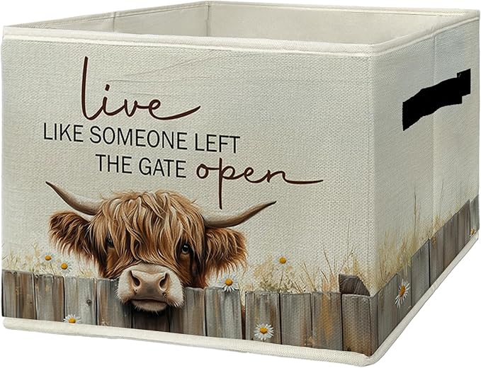 Highland Cow Storage Bins & Boxes with Handles, Western Highland Cow Foldable Basket for Organizing, Farmhouse Rustic Collapsible Storage Basket for Bedroom Room Bathroom Clothes Toys Books