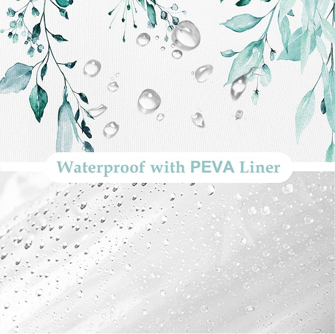 Gibelle 3 in 1 Shower Curtain Set, Teal 72x72 Eucalyptus Bath Curtain and PEVA Liner Set with 12 Metal Hooks, Waterproof Fabric Bathroom Curtain