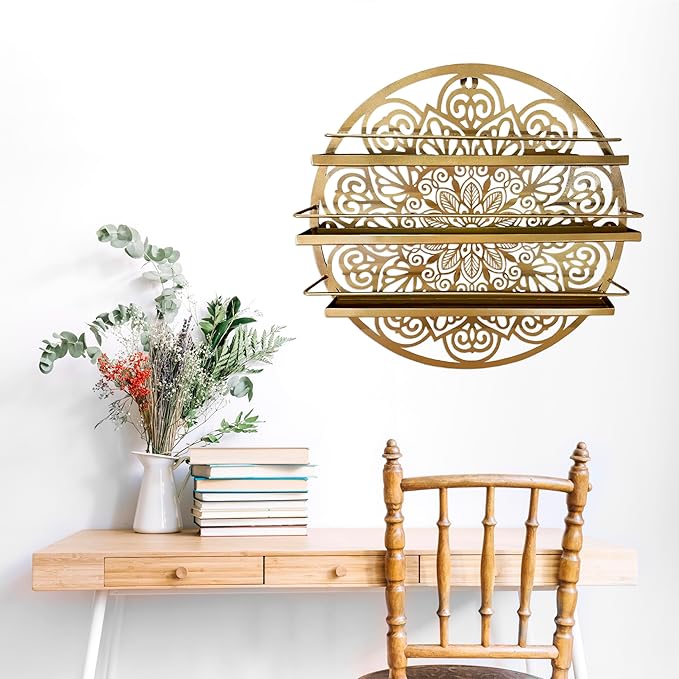 Mandala Shape Shelves, Essential Oil & Nail Polish Organizer - Display Holder Storage Shelf Spice Rack - Black or Gold - Wall Mounted Round Oil Bottle Storage, Cosmetics Display Rack (Gold)