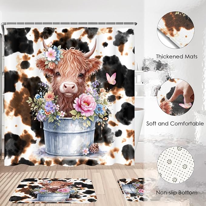 Pamnest 4 Pcs Shower Curtain Sets, Highland Cow Calf Retro Waterproof Bathroom Sets with Non-Slip Rugs, Toilet Lid Cover and Bath Mat, 12 Hooks, Accessories Modern Home Bathroom Decor 72" X 72"
