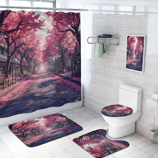 Cherry Blossoms Shower Curtain Set with Rugs,Toilet Lid Cover, Bath Mat, Japanese Anime Bathroom Shower Curtain with 12 Hooks Accessories Decorative