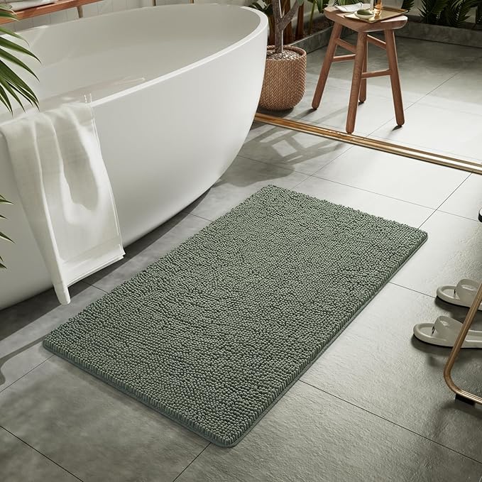 LOCHAS Luxury Bathroom Rug Shaggy Bath Mat 24 x 40 Inch, Washable Non Slip Bath Rugs for Bathroom Shower, Soft Plush Chenille Absorbent Carpets Mats, Sage Green