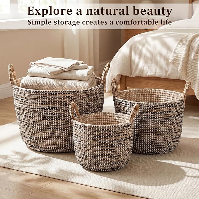 Laundry Hamper, Wicker Laundry Baskets with Handles, Storage Baskets, Woven Basket Decorative Baskets for Shelves, Basket for Gifts, Closet, Pantry, and Home Organization, Set of 3, Multi-Size