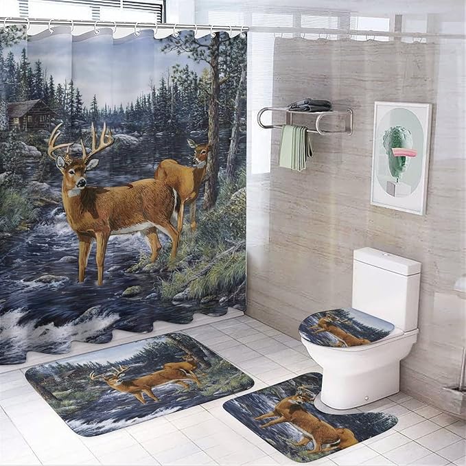 Oil Painting Cabin Wildlife 4 Piece Shower Curtain Sets, Non-Slip Rugs, Toilet Lid Cover and Bath Mat, Durable and Waterproof, for Bathroom Decor Set One Size
