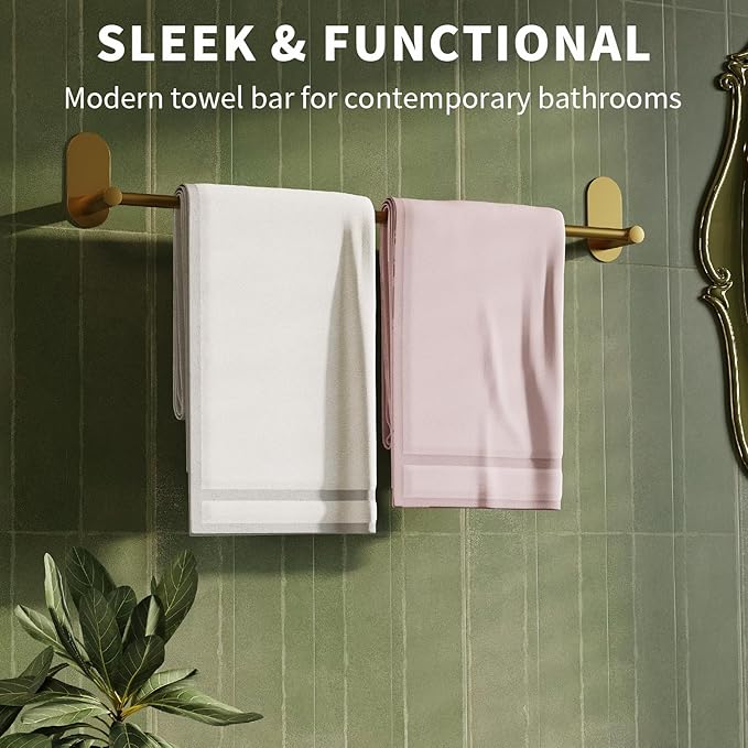 Self Adhesive Towel Bar for Bathroom 24ich Stainless Steel and Zinc Alloy No Drill Towel Rack Heavy Duty Hanger Stick On Hand Towel Holder for Kitchen, Cabinet, Door, Shower, Brushed Gold