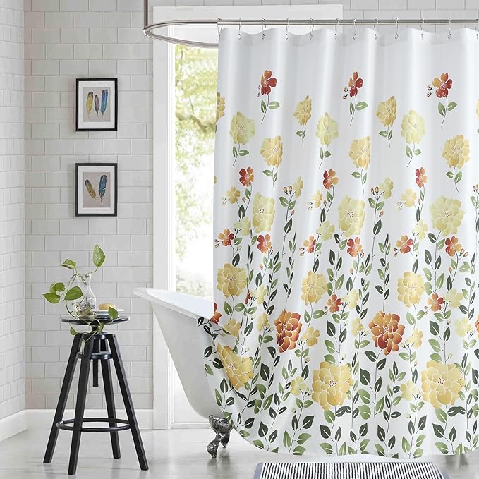 Long Fabric Floral Shower Curtain, Yellow Orange Green Flower Shower Curtains for Bathroom, Waterproof Bathroom Curtains, 72" W x 78" H