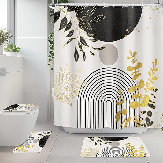 Riyidecor Boho Black Gold 4Pcs Shower Curtain Set with Toilet Lid Cover and Non-Slip Rugs, Mid Century Modern Minimalist Bathroom Decor Set，Abstract Contour and Bath Mat with 12 Hooks