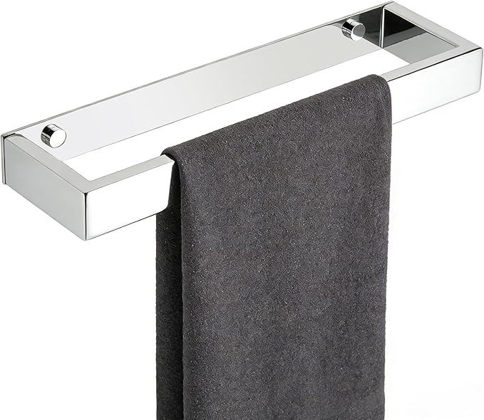 Sayayo Chrome Towel Bar for Bathroom, 12 Inch Hand Towel Holder Wall Mount, Screw or Self Adhesive Towel Ring Square SUS304 Stainless Steel, 3.2 Inch Wide