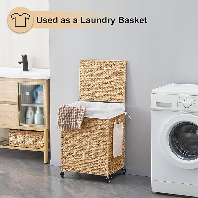 Handwoven Hamper with Lid, Laundry Basket with Wheels, Machine Washable Liner, 2 Section Clothes Hamper for Bathroom Laundry Room Bedroom(Natural, 125L)