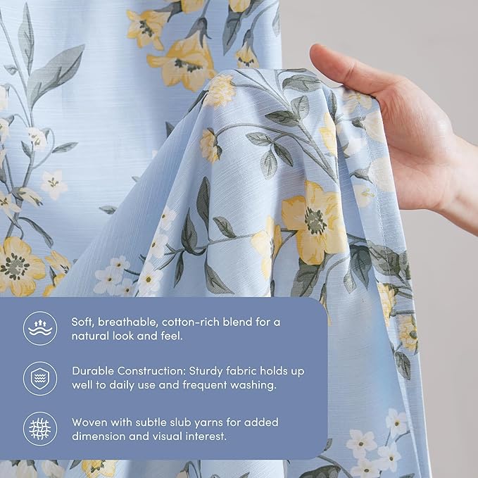 Martha Stewart Meadow Floral Shower Curtain, Cotton-Rich Slub Texture, Timeless Garden Design, Classic to Modern Farmhouse Bathroom Decor, Machine Washable 72"x84", Blue