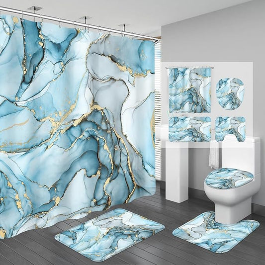 4PCS Aqua Blue Marble Shower Curtain Sets with Rugs, Abstract Bathroom Sets with Shower Curtain and Rugs, Modern Bathroom Curtains Shower Set with Toilet Lid Cover for Luxury Bathroom Decor