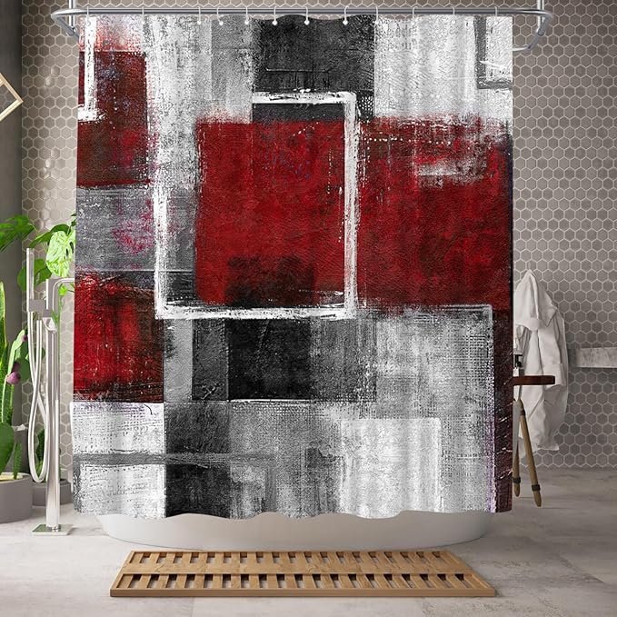 WELMECO Abstract Red Shower Curtain Geometric Shower Curtain Bathroom Decor Polyester Fabric 72x72inch (Red)