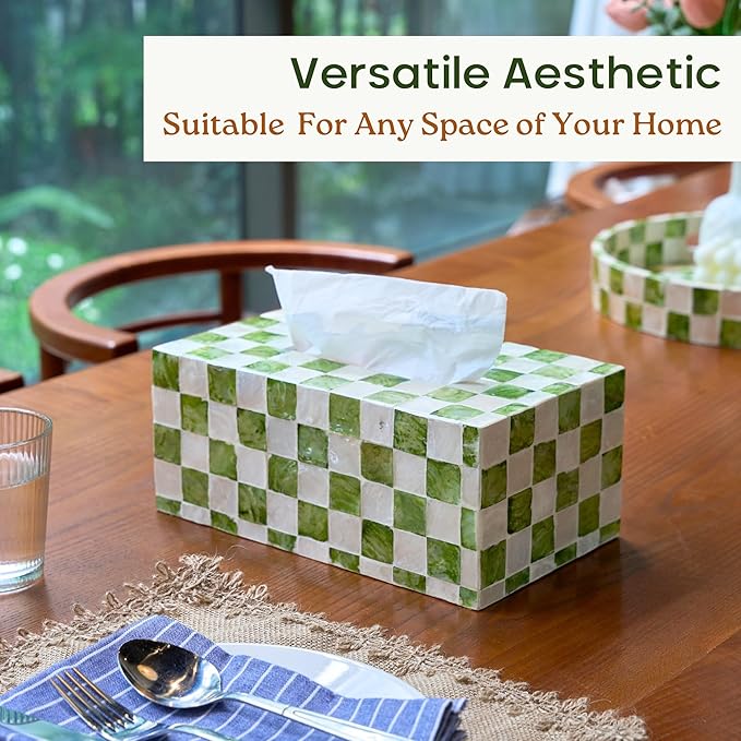 CHI AN HOME Rectangle Checkered Tissue Box Cover Handmade with Capiz Shells, Decorative Tissue Box Holder for Living Room, Bathroom or Kitchen Counter (Pistachio Green)
