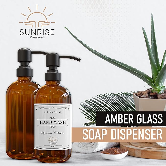 Sunrise Premium 2 Pack Amber Glass Soap Dispenser 16 OZ with Matte Black Stainless Steel Pump, Hand and Dish Soap Dispenser Set for Bathroom and Kitchen Sink with 6 Waterproof Labels